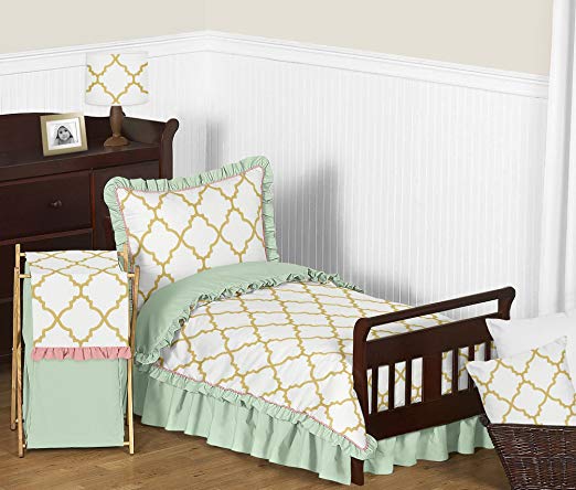 Sweet Jojo Designs 5-Piece Ava Mint Coral White and Gold Trellis Girls Toddler Bedding Set