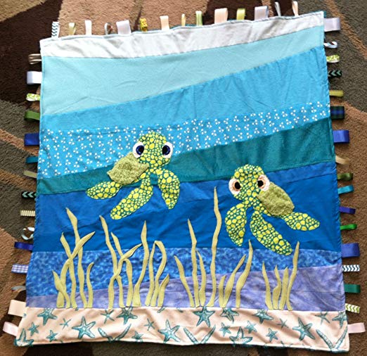 Baby Sea Turtle ~ Ribbon Baby Blanket with Ribbon Tabs 37 X 40