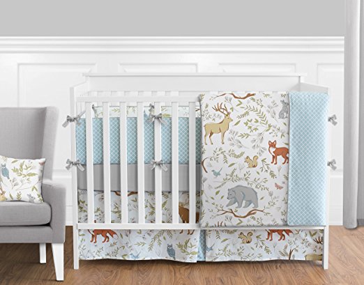 Sweet Jojo Designs 9-Piece Blue, Grey and White Woodland Deer Fox Bear Animal Toile Baby Girl or Boy Crib Bedding Set